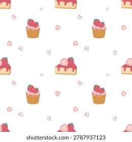 Cute seamless pattern collection featuring sweet strawberries, fresh lemons, juicy peaches, cupcakes, and elegant floral ornaments. Hand drawn fruit and dessert backgrounds in pastel colors, perfect for textile, fabric, wallpaper, and wrapping paper design

