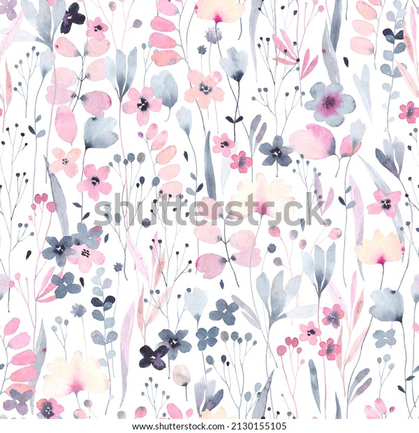 Cute seamless pattern with different wild flowers. Watercolor background for fabric, textile, nursery wallpaper. Meadow with wild flowers.