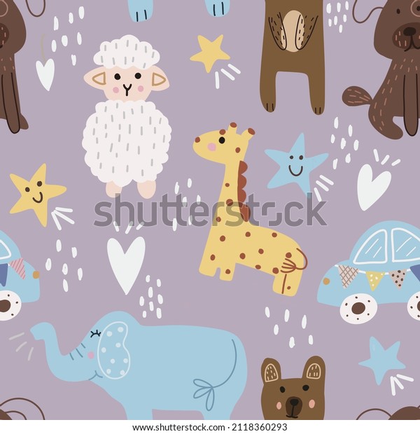 Cute seamless
pattern with elephant, sheep, dog, bear, giraffe, cartoon stars and
dots on purple
background.