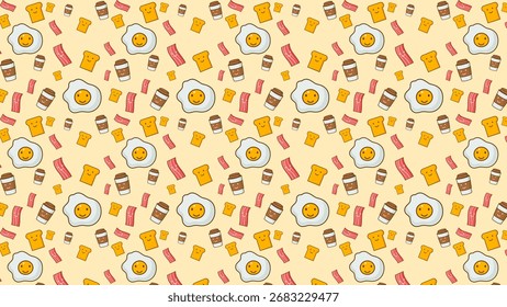 A cute seamless pattern featuring cartoon breakfast items like eggs, bacon, toast, and coffee. Perfect for kitchen decor, fabric prints, or digital backgrounds. Tasty and fresh design!