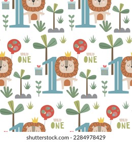 A cute seamless pattern featuring cute lion and trees, with balloon with the number 1.
perfect for textile and wrapping paper for first birthday.
Created on a white background. - Powered by Shutterstock