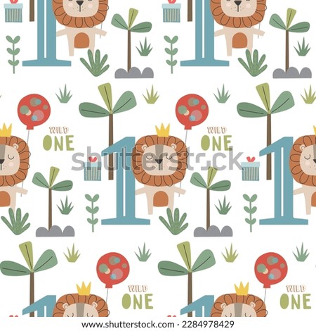 A cute seamless pattern featuring cute lion and trees, with balloon with the number 1.
perfect for textile and wrapping paper for first birthday.
Created on a white background.