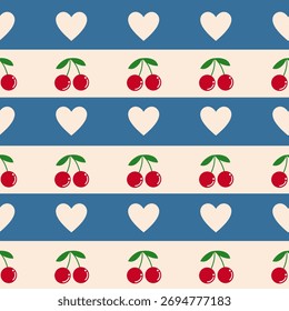 A cute, seamless pattern featuring white hearts and red cherries on alternating horizontal stripes of dusty blue and pale cream.