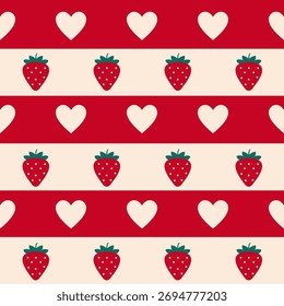 A cute, seamless pattern featuring white hearts and red strawberries on alternating horizontal stripes of bright red and pale cream.