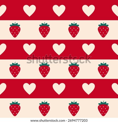 A cute, seamless pattern featuring white hearts and red strawberries on alternating horizontal stripes of bright red and pale cream.