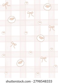 A cute seamless pattern illustration of sheep and ribbons on a soft pink background. Perfect for baby showers, birthdays, and gift wrapping