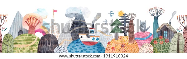 Cute seamless pattern landscape, hills, trail, lonely house, mountains, lake and ship, clouds and rainbow. Watercolor illustration. Children's horizontal poster. Horizontal repeating banner. Rainbow wallpaper mural.