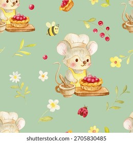 Cute seamless pattern with a little chef mouse baking berry pies, surrounded by flowers, bees and ladybugs. Soft watercolor style perfect for kids’ textiles and nursery designs