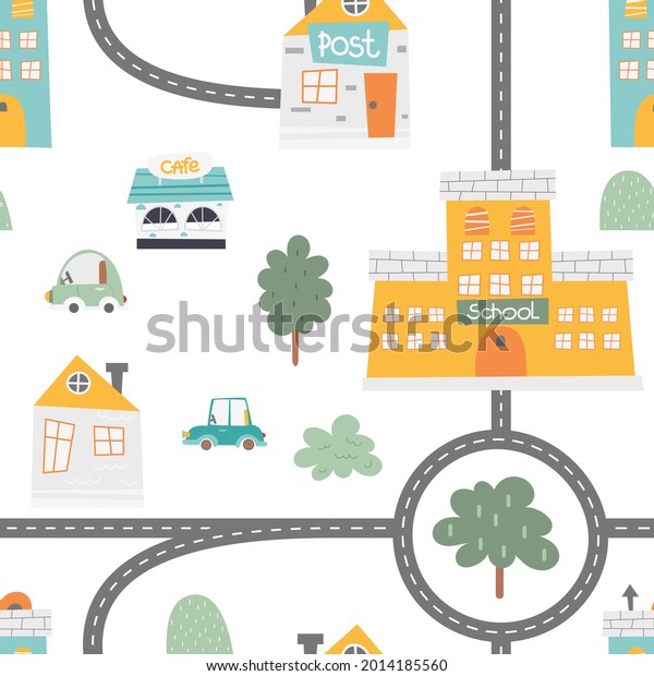 Cute seamless pattern for nursery design\
and kids goods. Scandinavian style. Nordic little town - street,\
houses, trees and cars. Kids illustration.\
