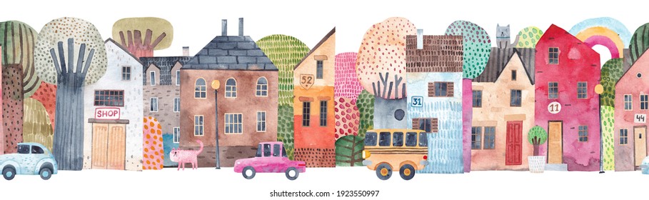 Cute seamless pattern old town. Watercolor illustration. Children's horizontal poster. Horizontal repeating banner.