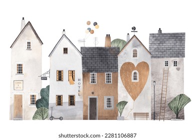 Cute seamless pattern old town. Watercolor illustration. Children's horizontal poster. 
