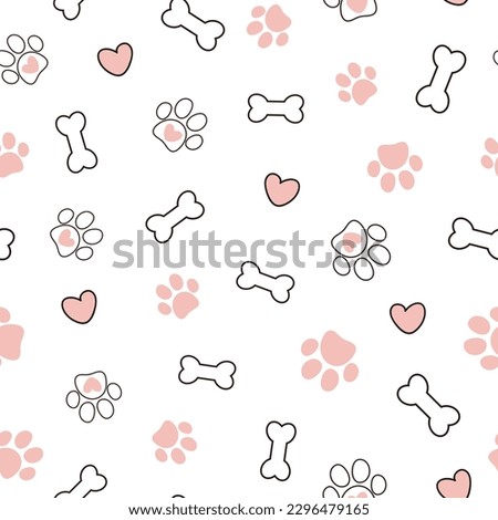 Cute seamless pattern with pet paw, bone and hearts. Cartoon illustration on white background. It can be used for wallpapers, wrapping, cards, patterns for clothes and other.