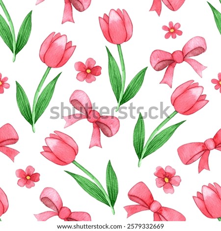 cute seamless pattern with pink bows and flowers. watercolor print for valentine's day, mother's day.