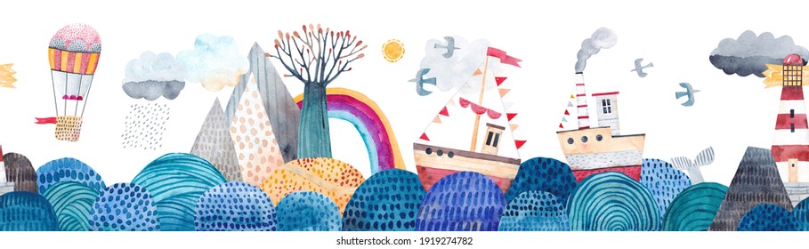 Cute Seamless Pattern Sea Landscape, Waves, Montains, Ships, Lighthouse, Clouds And Rainbow, Balloon For Travel. Watercolor Illustration. Children's Horizontal Poster. Horizontal Repeating Banner.