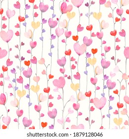 Cute seamless pattern with vertical garland of hearts. Watercolor illustration on ivory background. Colorful print for textile, wrapping paper, wallpapers or cover.
