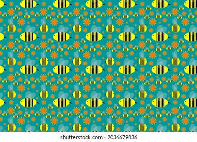 Cute seamless pattern wallpaper with yellow bee with orange flowers on cyan color background for fashion fabrics and printed products.