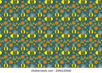 Cute seamless pattern wallpaper with yellow bees and orange flowers, cartoon style on dark cyan background for printing fashion fabrics and printed products.