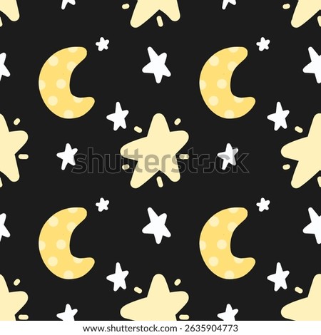Cute seamless pattern with yellow moons, stars, and doodle elements on black background. Perfect for kids, nursery, baby products, and night-themed designs.