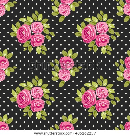 Cute seamless Shabby Chic pattern with roses and polka dots ideal for kitchen textile or bed linen fabric, curtains or interior wallpaper design, can be used for scrap booking paper etc