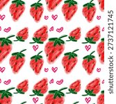 Cute seamless strawberry pattern with hand drawn doodle style. Featuring red strawberries, green leaves, hearts, and playful abstract shapes on white background