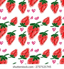 Cute seamless strawberry pattern with hand drawn doodle style. Featuring red strawberries, green leaves, hearts, and playful abstract shapes on white background