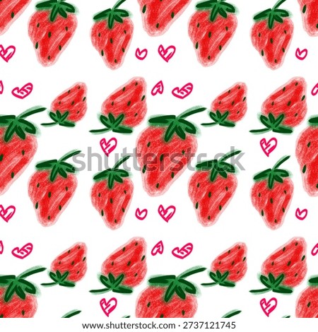 Cute seamless strawberry pattern with hand drawn doodle style. Featuring red strawberries, green leaves, hearts, and playful abstract shapes on white background