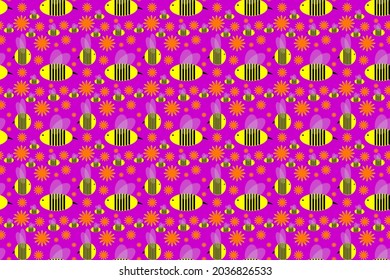 Cute seamless wallpaper with yellow bees and orange flowers cartoon style on bright purple background for printing fashion fabrics and printed products.