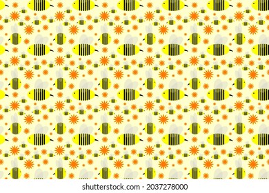 Cute seamless wallpaper with yellow bees and orange flowers cartoon style on creamy yellow background for printing fashion fabrics and printed products.