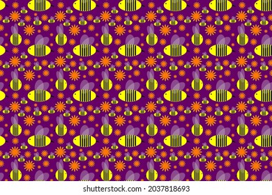 Cute seamless wallpaper with yellow bees and orange flowers, cartoon style on dark purple background for printing fashion fabrics and printed products.