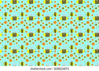 Cute seamless wallpaper with yellow bees and orange flowers, cartoon style on light blue background for printing fashion fabrics and printed products.