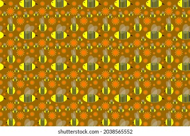 Cute seamless wallpaper with yellow bees and orange flowers, cartoon style on dark brown background for printing on fashion fabrics and printed products.