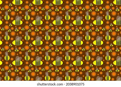 Cute seamless wallpaper with yellow bees and orange flowers, cartoon style on dark brown background for printing fashion fabrics and printed products.