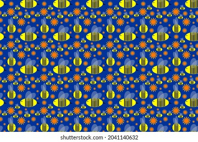 Cute seamless wallpaper with yellow bees and orange flowers, cartoon style on dark blue background for printing fashion fabrics and printed products.