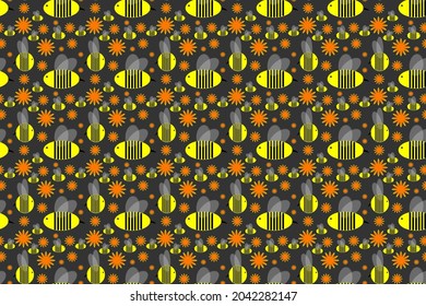 Cute seamless wallpaper with yellow bees and orange flowers cartoon style on dark gray background for printing fashion fabrics and printed products.