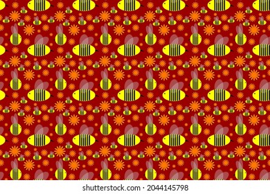 Cute seamless wallpaper with yellow bees and orange flowers, cartoon style on red background, for printing on fashion fabrics and printed products.