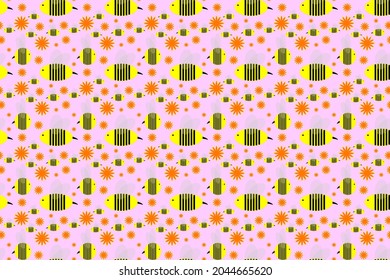 Cute seamless wallpaper with yellow bees and orange flowers cartoon style on light pink background for printing fashion fabrics and printed products.
