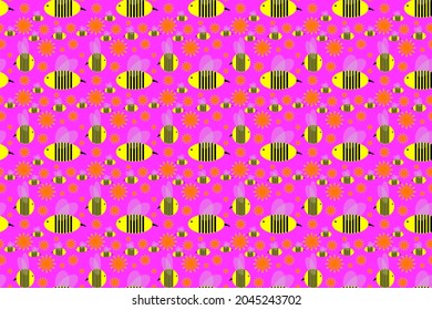 Cute seamless wallpaper with yellow bees and orange flowers cartoon style on bright pink background for printing fashion fabrics and printed products.