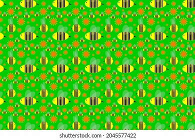 Cute seamless wallpaper with yellow bees and orange flowers cartoon style on bright green background for printing fashion fabrics and printed products.