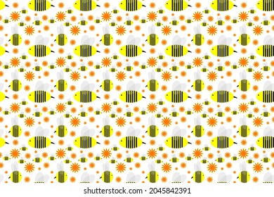 Cute seamless wallpaper with yellow bees and orange flowers cartoon style on white background for printing fashion fabrics and printed products.