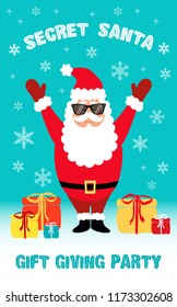 Cute Secret Santa Party Flyer With Cartoon Character Of Santa Claus In Dark Sunglasses