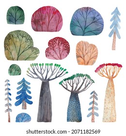 Cute set of trees and bushes in childish style. Watercolor illustration. Forest. 