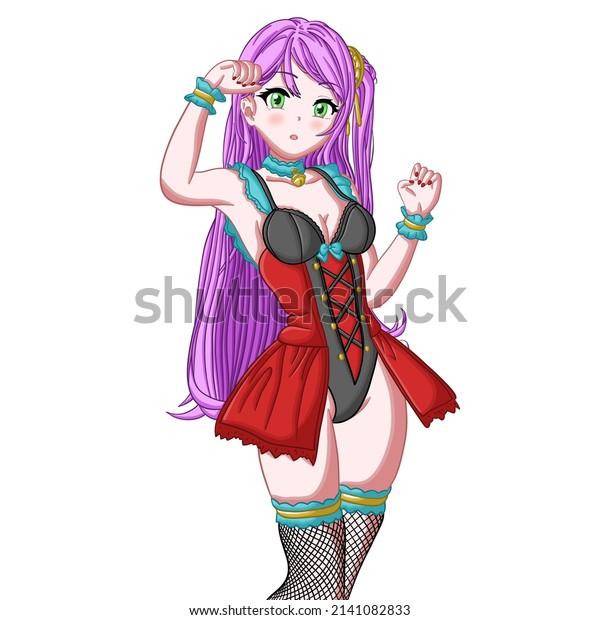 Cute Sexy Anime Girl Purple Hair Stock Illustration 2141082833