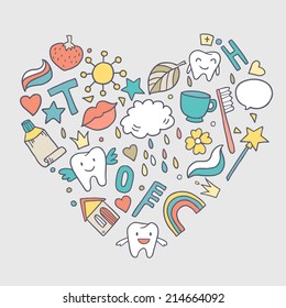 Cute shape of heart with cartoon teeth, nature and dental elements