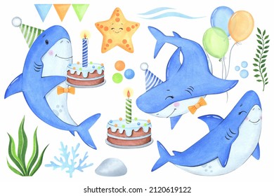 Cute Shark birthday, cake, starfish, balloons on a white background. Cartoon animals. Watercolor illustration. - Powered by Shutterstock