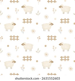 Cute sheep wander through a rustic meadow in this seamless pattern.Floral elements and fences add cozy countryside charm.Perfect for baby decor or textile print.