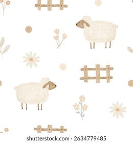 Cute sheep wander through a rustic meadow in this seamless pattern.Floral elements and fences add cozy countryside charm.Perfect for baby decor or textile print.