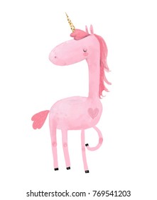 cute shy pink girl unicorn. children illustration