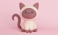 Cute Siamese Cat Sitting On A Pink Background. 3d Rendering