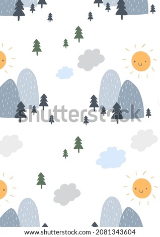 Cute Simple Illustration and Seamless Pattern with Blue Moutain, Smiling Sun and Cloudy Sky. Abstract Infantile Style Mountain and Hand Drawn Trees on a White Background. Kids Room Decoration.