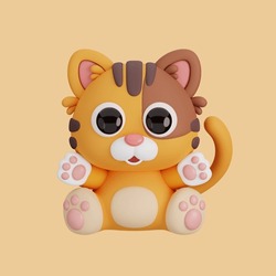 Cute Sitting Cat Isolated On Yellow Background. Animals Cartoon Style Icon Concept. 3D Render Illustration